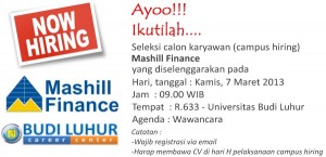 budiluhur career center campus hiring mashill finance maret 2013 budi luhur