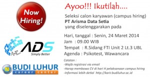 budi luhur career center campus hiring recruitment universitas budi luhur PT Arisma Data Setia