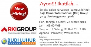 budi luhur career center campus hiring recruitment universitas budi luhur Raja Kamar International RKI Group