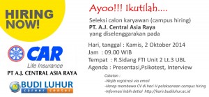 recruitment on campus hiring PT A J Central Asia Raya oktober 2014