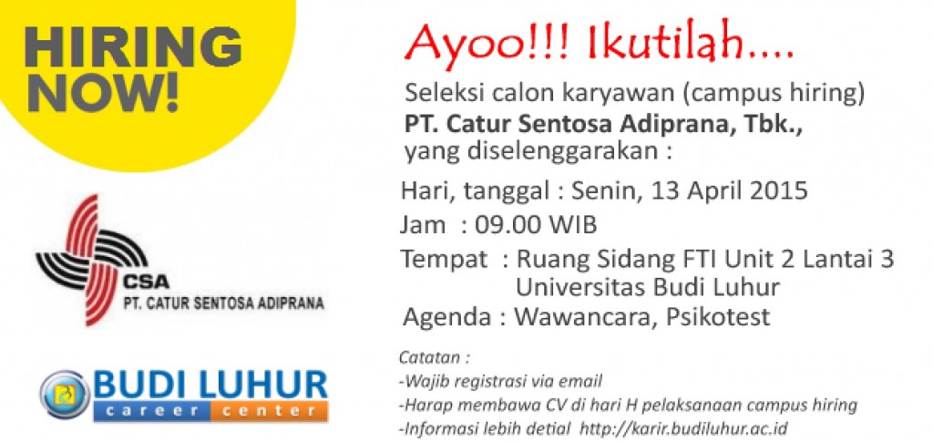 PT Catur Sentosa Adiprana Tbk CSA Budi Luhur Career Center Campus Hiring Universitas Budi Luhur